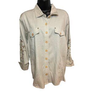 C.A. Sport NWT Long Embroidered Sleeve Button Up Collared Tencel Shirt Sz M